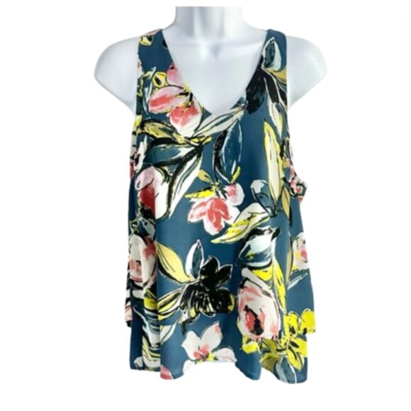 Allison Joy Blue Floral Layered Sleeveless Chiffon Tank Top Size Small - Picture 1 of 8